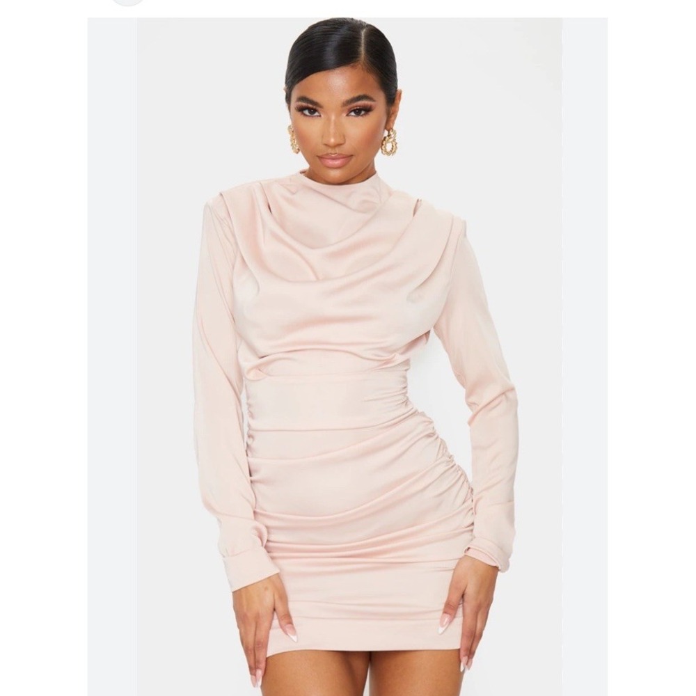 PrettyLittleThing Pink Satin High Neck Ruched Bodycon Mini Dress Long Sleeve 2